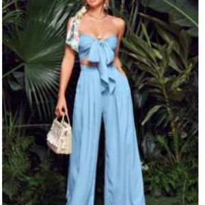 Blue wide pant with self tie bandeau top